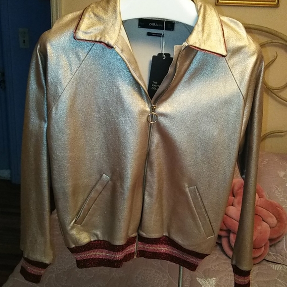 Gold Metallic 💙 Zara Bomber Jacket 💜 - Picture 2 of 10